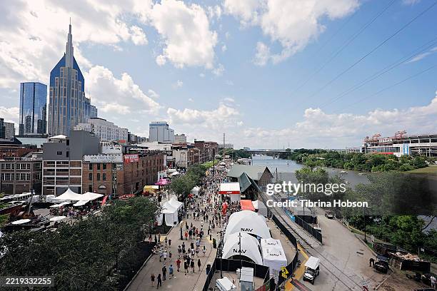 View of downtown Nashville from the John Seigenthaler Pedestrian Bridge during CMA Fest 2025 at on June 08, 2025 in Nashville, Tennessee.
