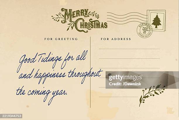 illustrazioni stock, clip art, cartoni animati e icone di tendenza di cartolina dell'annata scritta a mano buon natale stagione auguri cartolina indietro modello di design - cartolina postale