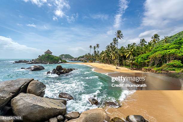 famous cabo san juan beach in tayrona national park at the base of the caribbean sea and sierra nevada de santa marta mountains in colombia south america - jardim público imagens e fotografias de stock