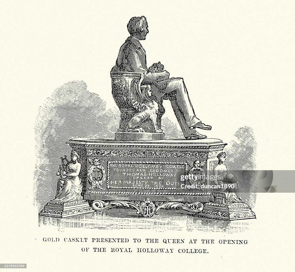 Gold casket presented to Queen Victoria at the opening of the Royal Holloway College, Victorian, Vintage illustration, 19th Century 1880s