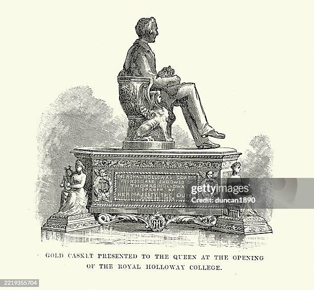 gold casket presented to queen victoria at the opening of the royal holloway college, victorian, vintage illustration, 19th century 1880s - the statue of victoria stock illustrations