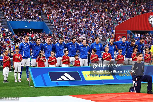 Players of Italy line up for national anthem prior during the FIFA 2026 Qualifier between Italy and Moldova at Mapei Stadium – Città del Tricolore on...