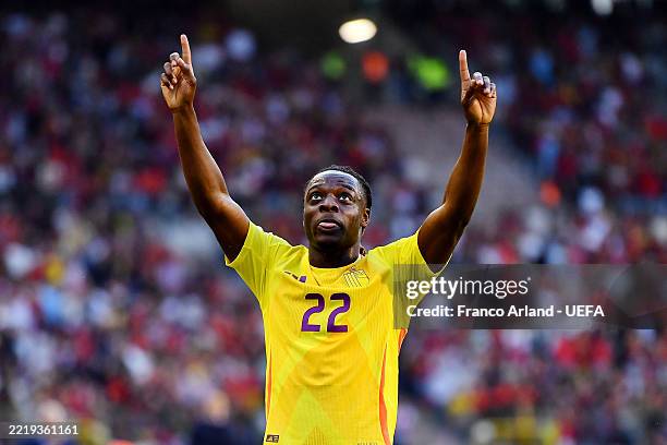 Jeremy Doku of Belgium celebrates scoring his team's third goal during the FIFA 2026 Qualifier between Belgium and Wales at King Baudouin Stadium on...