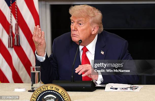 President Donald Trump delivers remarks at the Invest America Roundtable in the State Dinning room at the White House on June 09, 2025 in Washington,...