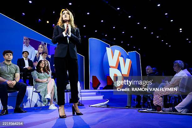 Party's leader Dilan Yesilgöz speaks during the Liberal Open Day at the NBC Convention Center in Nieuwegein, the Netherlands, on June 14, 2025. /...