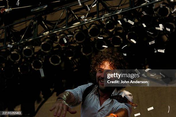 American Alternative Rock musician Wayne Coyne, of the group the Flaming Lips, performs, during the Austin City Limits Music Festival, onstage in...