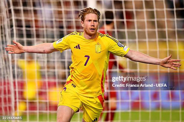 Kevin De Bruyne of Belgium celebrates scoring his team's fourth goal during the FIFA 2026 Qualifier between Belgium and Wales at King Baudouin...