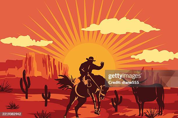 illustrazioni stock, clip art, cartoni animati e icone di tendenza di modello di poster da cowboy con bucking bronco & steer - cowboy