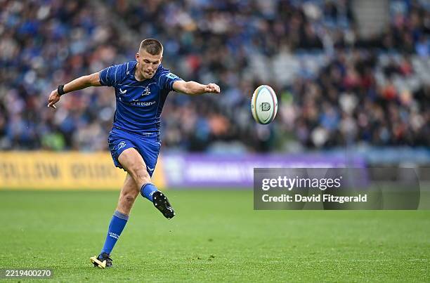 Dublin , Ireland - 14 June 2025; Sam Prendergast of Leinster kicks a penalty which subsequently goes wide during the United Rugby Championship Grand...