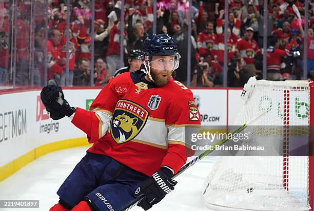 Sam Bennett of the Florida Panthers celebrates his goal during the second period of Game Three of the 2025 Stanley Cup Final between the Edmonton...