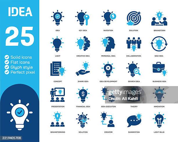 idea glyph solid icons. containing creative, solution, bulb, inspiration solid icons collection. vector illustration. perfect pixel on clean white background - innovation logo stock illustrations