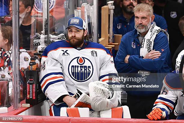 Stuart Skinner of the Edmonton Oilers looks on after being benched during the third period against the Florida Panthers in Game Three of the 2025...