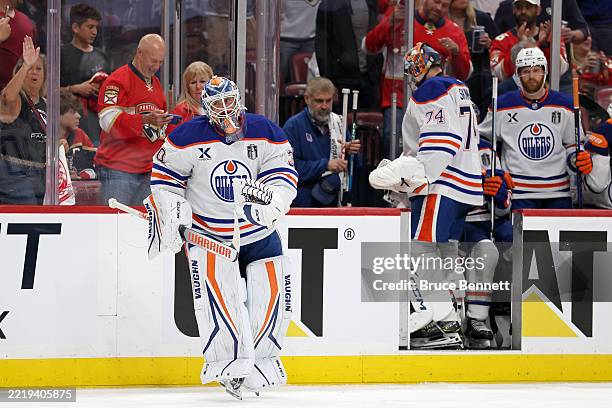 Calvin Pickard takes to the ice as Stuart Skinner of the Edmonton Oilers is benched during the third period against the Florida Panthers in Game...
