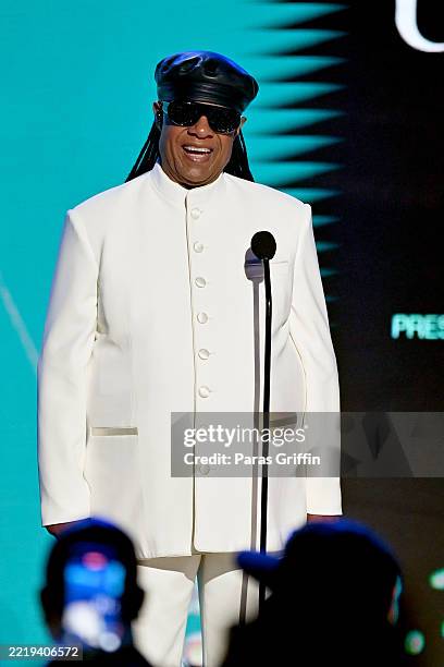Stevie Wonder speaks onstage during the 2025 BET Awards at Peacock Theater on June 09, 2025 in Los Angeles, California.