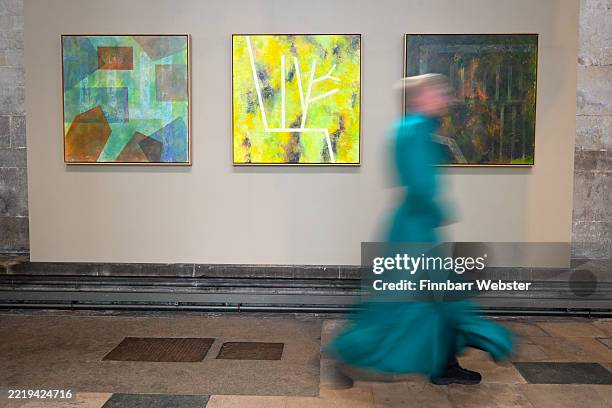 Footprint’ ‘Tracing’ and ‘Enduring’ artworks by Joy Hillyer are seen at the 'Living Water' summer art exhibition at Salisbury Cathedral on June 09,...