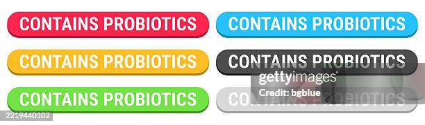 contains probiotics - colorful 3d click web buttons on blank background - probiotic stock illustrations