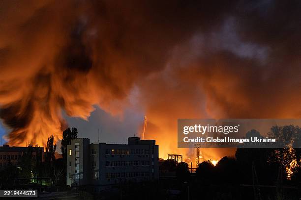 Fire and smoke are visible after Russian drone strikes on June 10, 2025 in Kyiv, Ukraine. On the night of June 10, the Russian army attacked Kyiv...