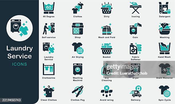 ilustraciones, imágenes clip art, dibujos animados e iconos de stock de servicio de lavandería colección de iconos sólidos. contiene seco, limpieza, lavado, doblado, lavado, entrega, tienda, moneda, autoservicio, lavadora, ropa, sucio, cesta, secadora, suavizante de telas, detergente - lavadora