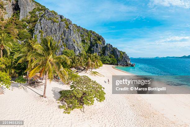 idyllic beach with turquoise waters and dramatic limestone cliffs, palawan, philippines - palawan stock pictures, royalty-free photos & images