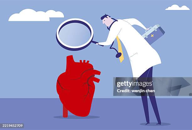 ilustrações de stock, clip art, desenhos animados e ícones de doctor examines the heart with a magnifying glass - fisiologia