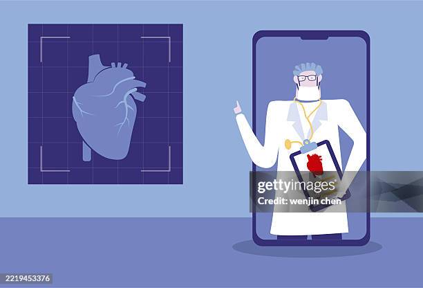doctor explains heart health knowledge on mobile phone screen, telemedicine - coronary artery disease icon stock illustrations