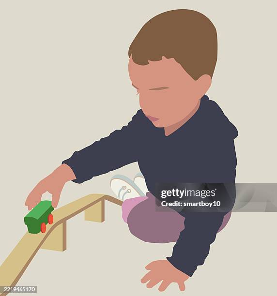 child playing with toy train - train set stock illustrations