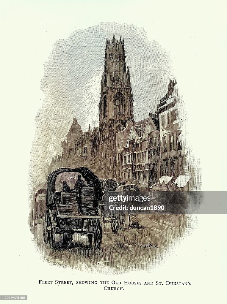 Fleet Street, Old Houses and St Dunstan's Church, London, Victorian, Vintage illustration, 19th Century, 1890s