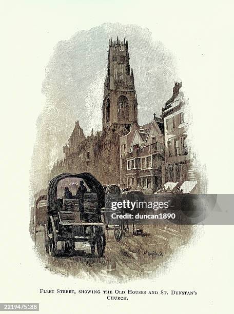 fleet street, old houses and st dunstan's church, london, victorian, vintage illustration, 19th century, 1890s - old street london stock illustrations