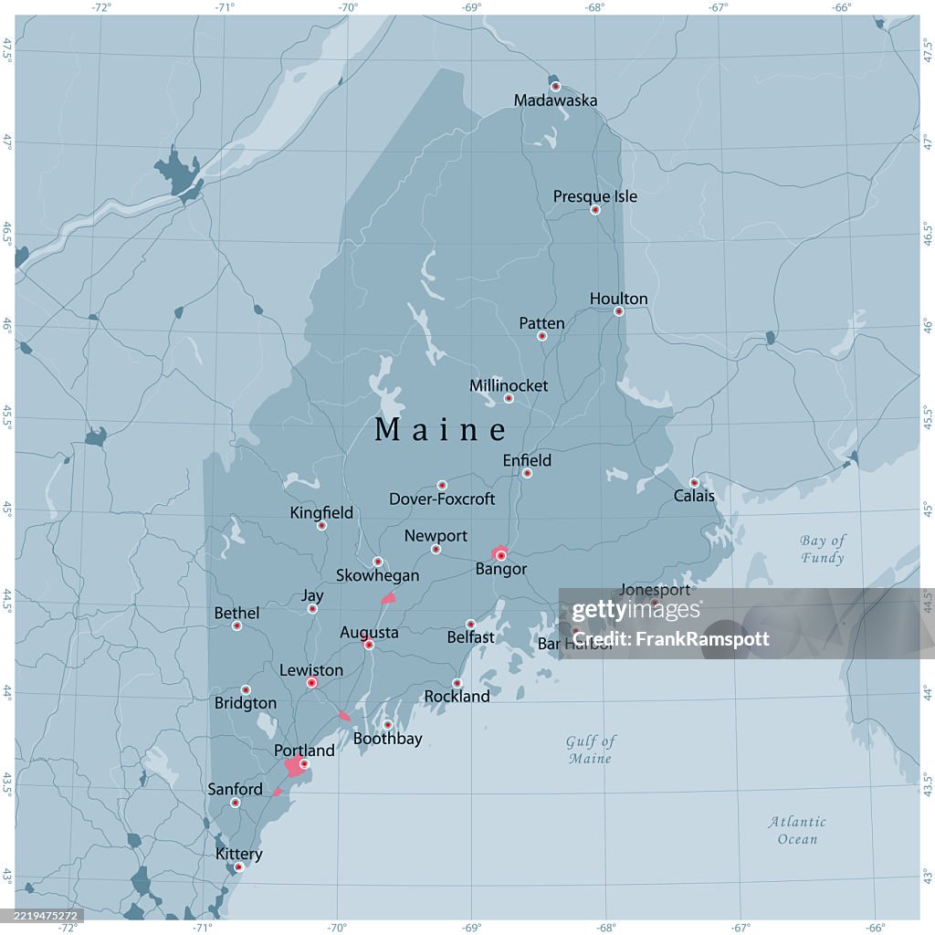Maine US State Vector Road Map Grey