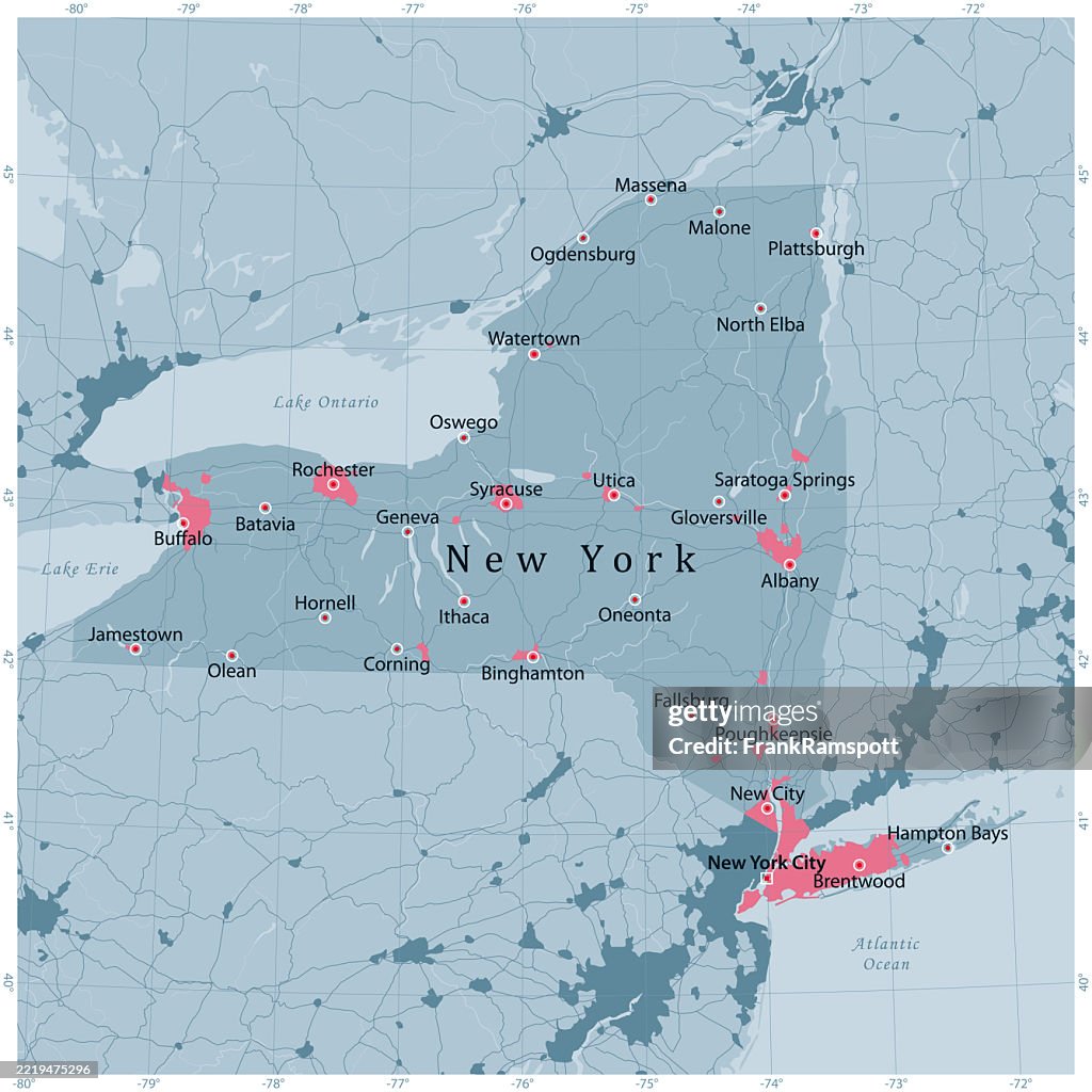 New York US State Vector Road Map Grey