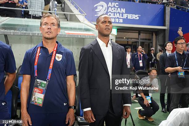 Head coach Patrick Kluivert of Indonesia looks on prior to the FIFA World Cup Asian Third Qualifier Group C match between Japan and Indonesia at...