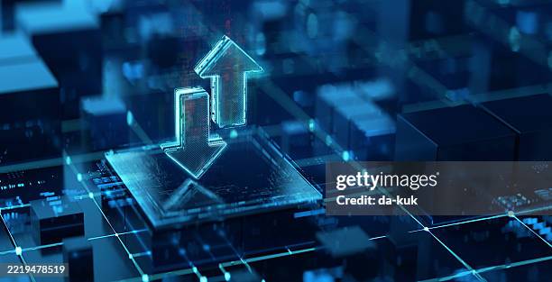 das symbol der digitalen pfeile als symbol für die dateiübertragung und -aktualisierung. hintergrund der digitaltechnik - austausch stock-fotos und bilder