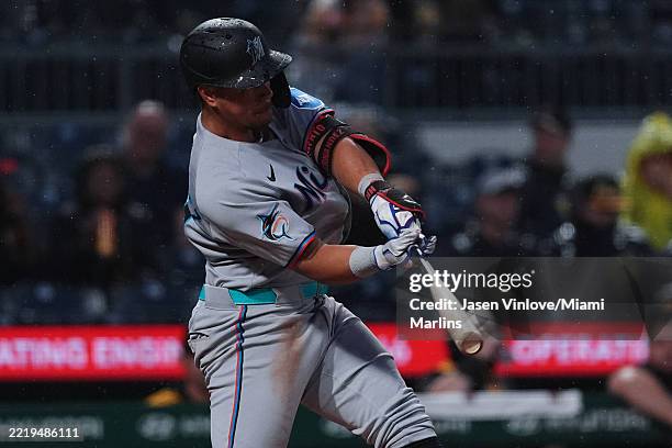 Heriberto Hernandez of the Miami Marlins in action during the game against the Pittsburgh Pirates at PNC Park on June 9, 2025 in Pittsburgh,...
