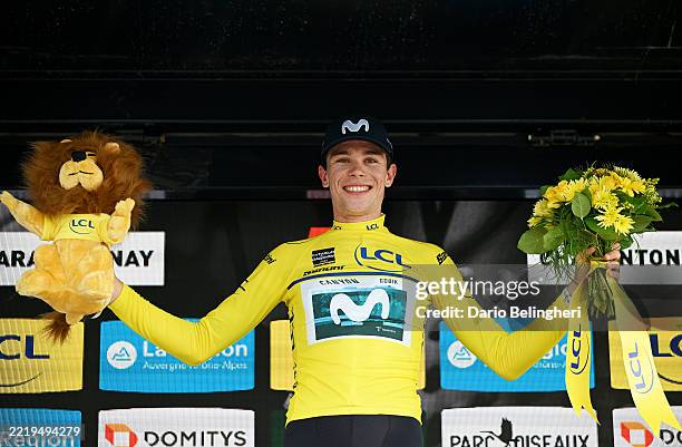 Ivan Romeo of Spain and Team Movistar celebrates at podium as Yellow leader jersey winner during the 77th Criterium du Dauphine 2025, Stage 3 a...