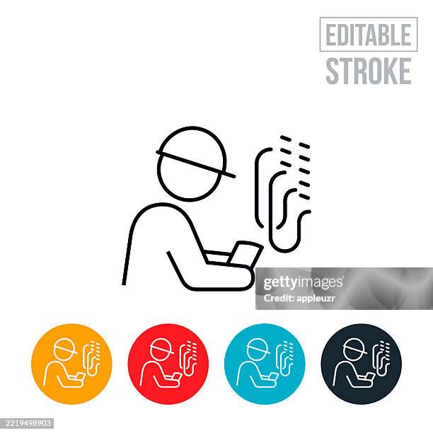 electrician inspecting electrical system thin line icon - editable stroke - utility worker stock illustrations
