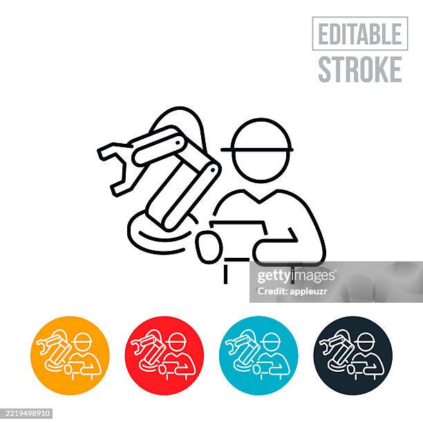 inspector inspecting a robotic arm used in manufacturing thin line icon - editable stroke - inspector gadget stock illustrations
