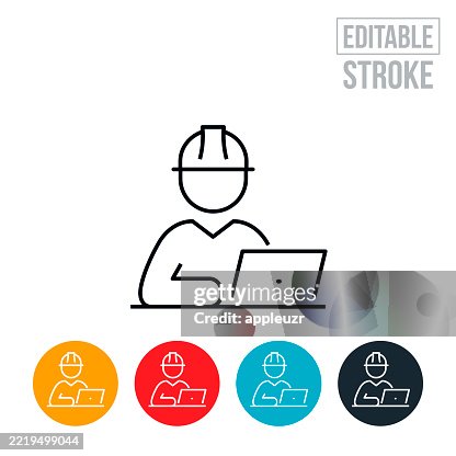 Engineer Wearing Hard Hat Working On His Laptop Computer Thin Line Icon - Editable Stroke Engineer Wearing Hard Hat Working On His Laptop Computer Thin Line Icon - Editable Stroke