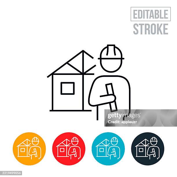 home builder standing in front of a house holding a blueprint thin line icon - editable stroke - female contractor stock illustrations
