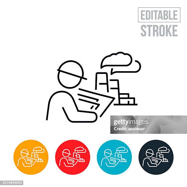 oil refinery engineer holding project plans for the oil refinery he is standing next to thin line icon - editable stroke - oil production platform stock illustrations