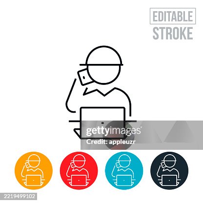 Engineer On His Phone Call While Working On His Laptop Computer Thin Line Icon - Editable Stroke Engineer On His Phone Call While Working On His Laptop Computer Thin Line Icon - Editable Stroke