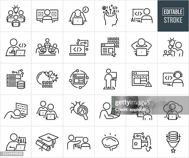 computer programing thin line icons - editable stroke - icons include computer programmer, software developer, computer software, software development, coding, coder, programming language, design, implementation, we development, web developer - overworked stock illustrations