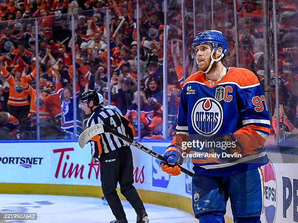 Connor McDavid of the Edmonton Oilers celebrates his third period goal against the Florida Panthers in Game Five of the 2025 Stanley Cup Final at...