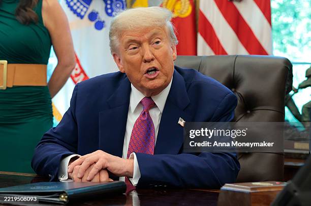 President Donald Trump delivers remarks on natural disaster preparedness in the Oval Office at the White House on June 10, 2025 in Washington, DC....