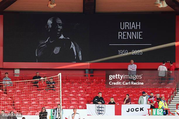The LED screen displays a tribute to the late Uriah Rennie, the first black referee in the Premier League, who passed away recently, prior to the...