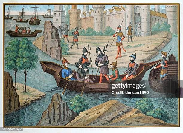 mittelalterliche kriegsführung, französische kreuzritter kehren nach akkon zurück, nachdem sie während des krieges zwischen könig amalrich i. von jerusalem und den ägyptern in den 1160er jahren die sarazenische flotte überfallen hatten. - mittelalterlich stock-grafiken, -clipart, -cartoons und -symbole