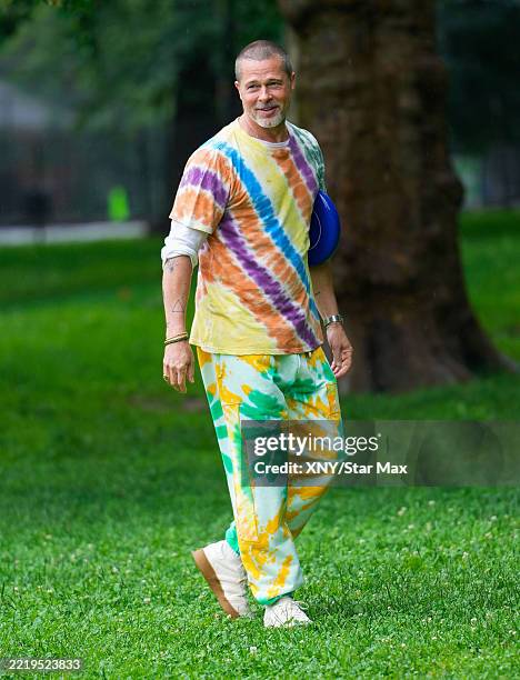 Brad Pitt is seen filming a segment for "The Tonight Show" in Riverside Park on June 14, 2025 in New York City.