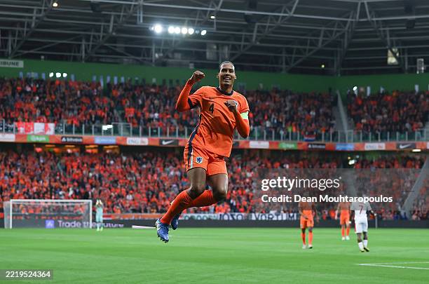 Virgil Van Dijk of Netherlands celebrates scoring his team's third goal during the FIFA 2026 World Cup Qualifier Round One match between Netherlands...