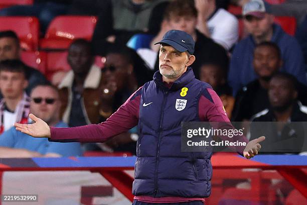Thomas Tuchel, Head Coach of England reacts during the international friendly match between England and Senegal at City Ground on June 10, 2025 in...