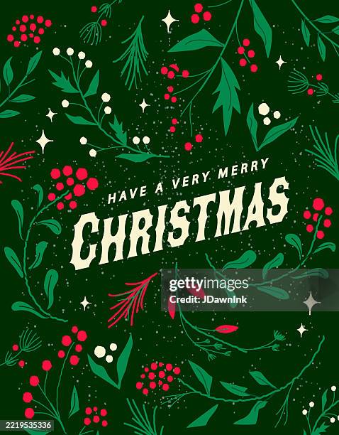 have a very merry christmas season greeting card design template with hand drawn branches berries and florals on dark green background - christmas card stock illustrations