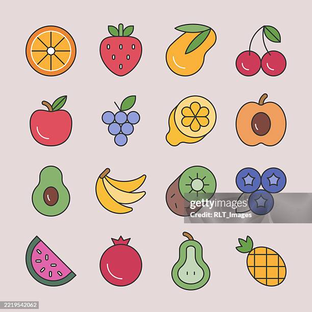 fruit icon set — flat color monoline style - kiwi fruit stock illustrations